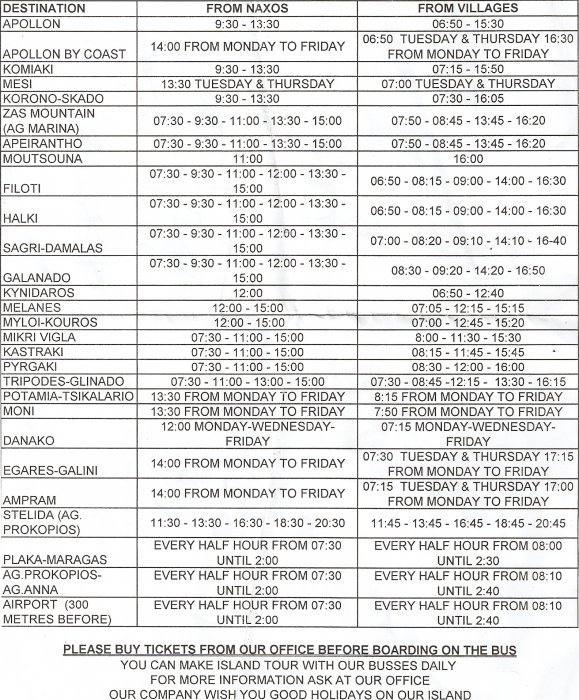 Naxos bus timetable summer 2010